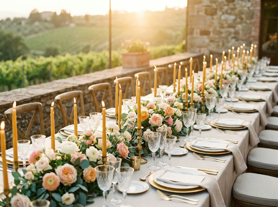 Langbord dækket med blomster og levende lys