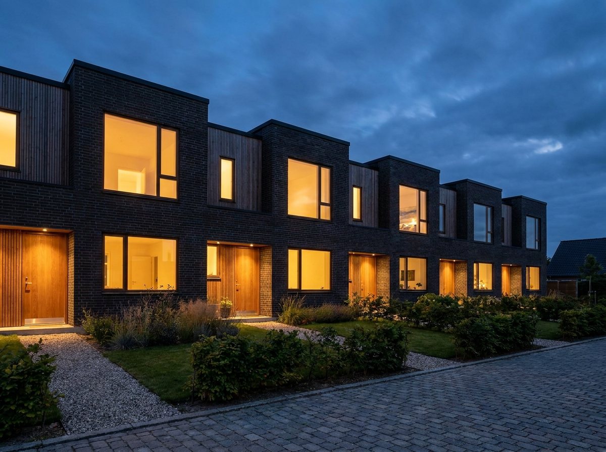 Nyopført boligområde i skumring